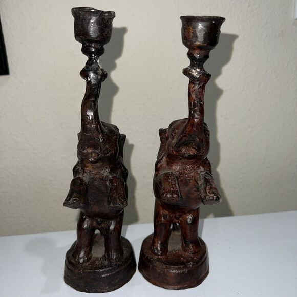 Vintage Cast Metal Elephant PAIR Candle Holder Trunk Up Good Luck Rearing - Picture 1 of 14
